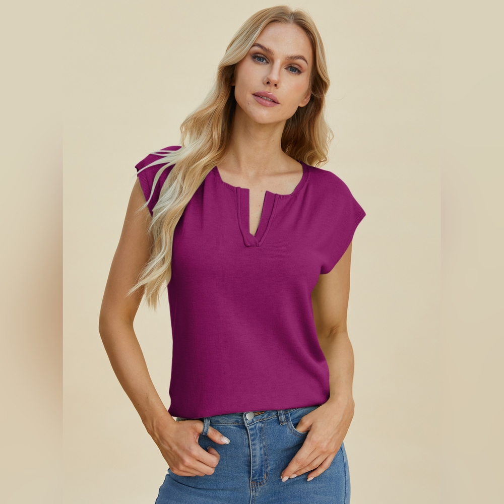 Double Take Full Size Notched Cap Sleeve Knit Top